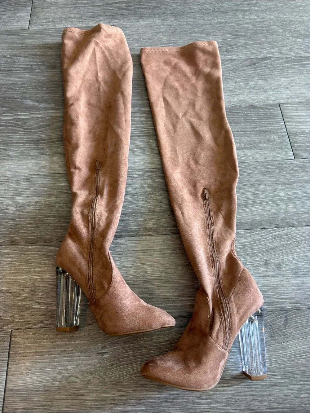 Windsor Women's Over-the-Knee Suede Boots in Tan with Clear Block Heel